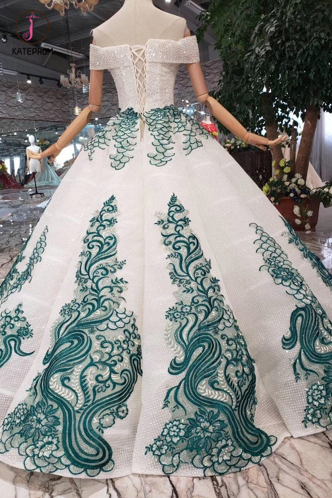 New Arrival Ball Gown Off the Shoulder Prom Dress with Green Appliques, Quinceanera Dress KPP0861