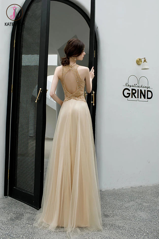 Elegant Sleeveless Tulle Prom Dress with Sequins, Floor Length Open Back Evening Dress KPP1294