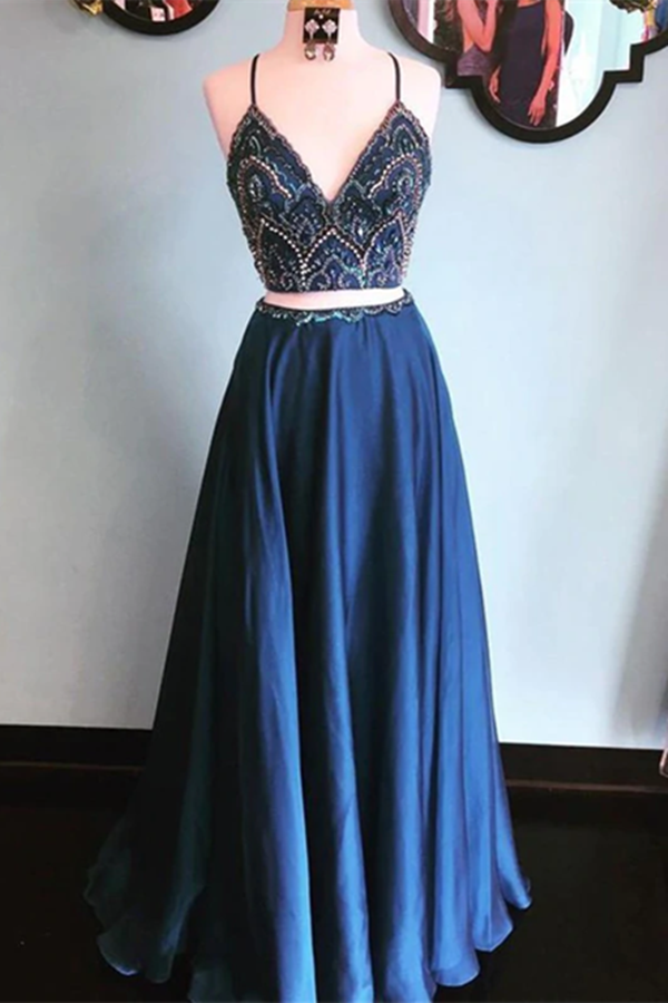 A line Spaghetti Strap Floor Length Satin Two Piece Prom Dresses KPP1570