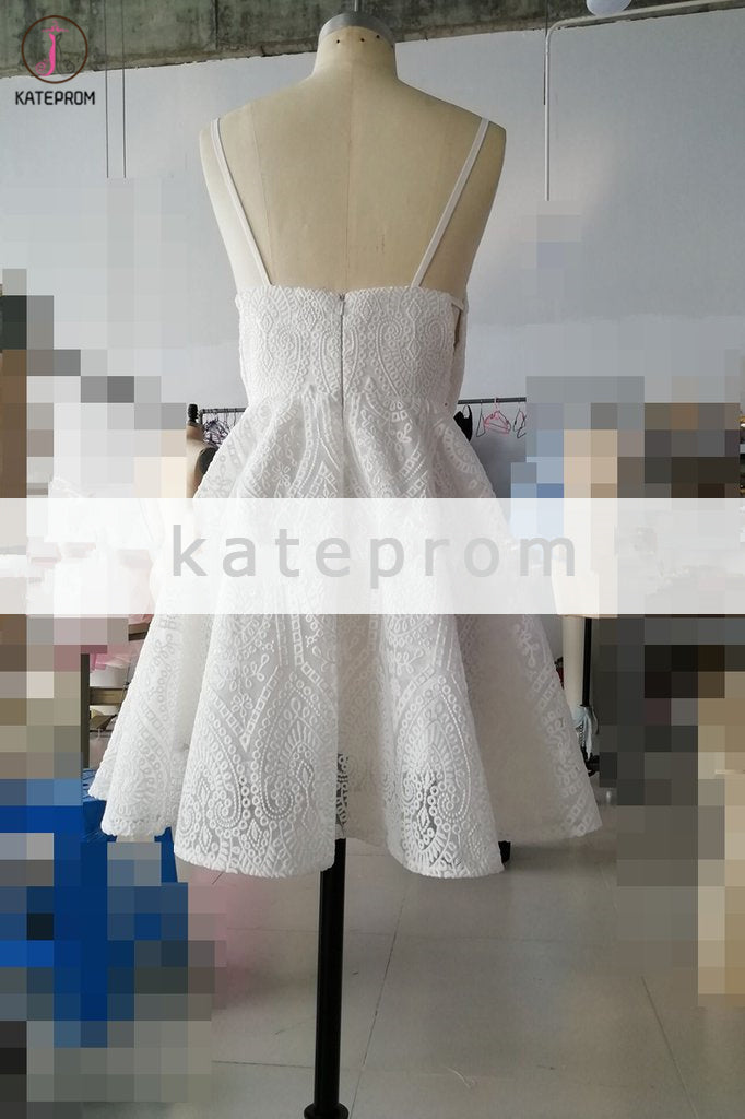 Ivory Spaghetti Strap Deep V Neck Lace Short Homecoming Dress, Sweet Lace Prom Dress KPH0470