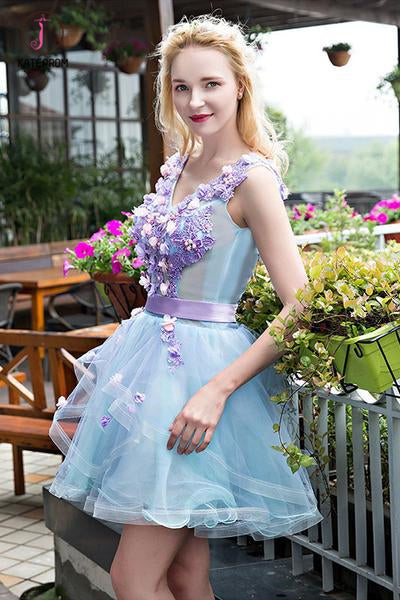 Stylish Light Blue Tulle Short Homecoming Dress with Lilac Appliques, Sweet 16 Dress KPH0331
