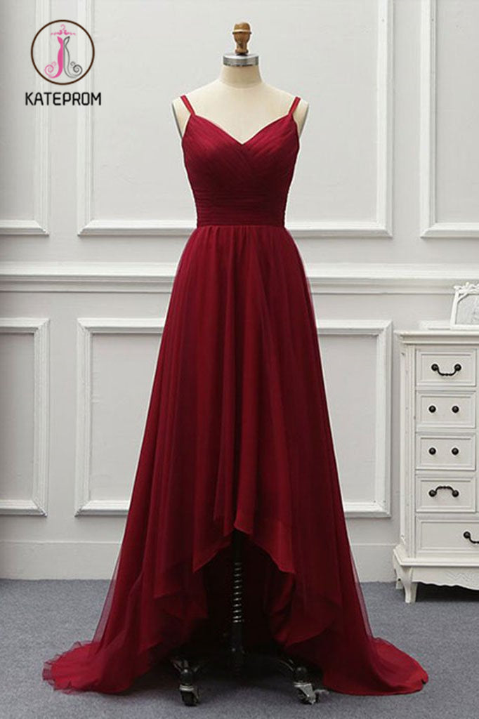 A Line High Low Tulle Prom Dress with Train, Burgundy V Neck Backless Formal Dress KPP0887