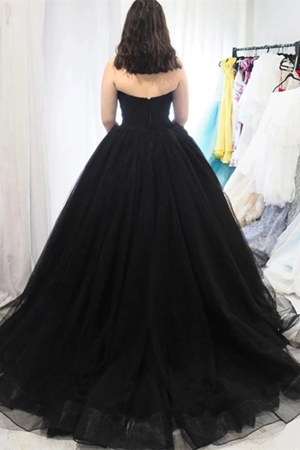 Sweetheart Neck Black Tulle Long Prom Dresses,Back Open Long Formal Evening Dresses KPP1378