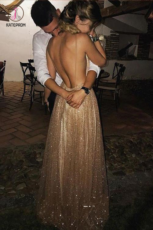 Spaghetti Strap Backless Sequins Prom Dress, Sexy Sparkly V Neck Party Dresses KPP0621