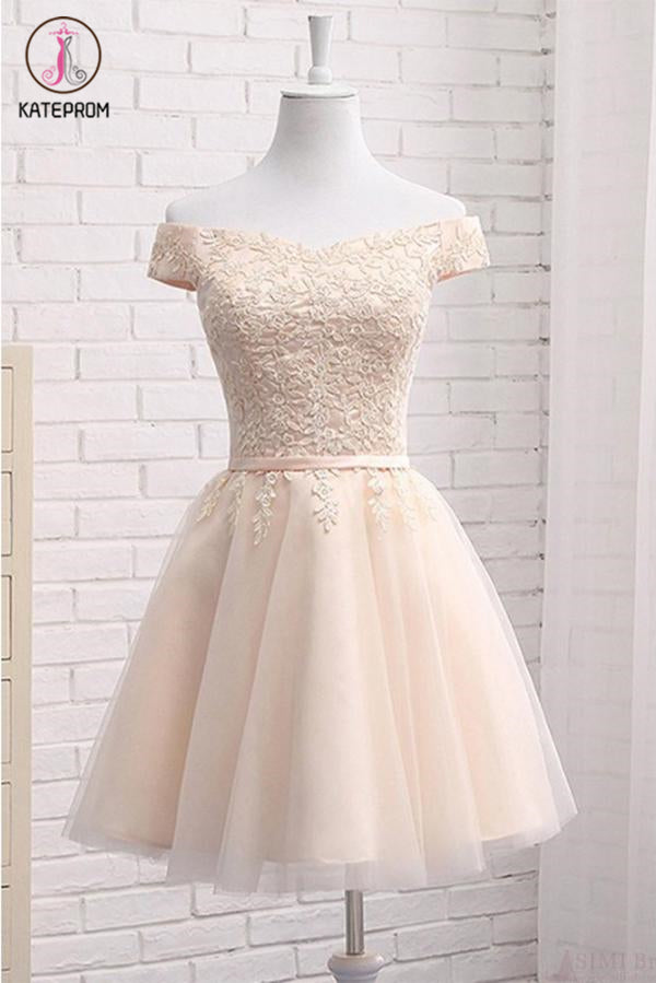 A Line Off Shoulder Tulle Short Homecoming Dress with Appliques, Mini Sweet 16 Dress KPH0408