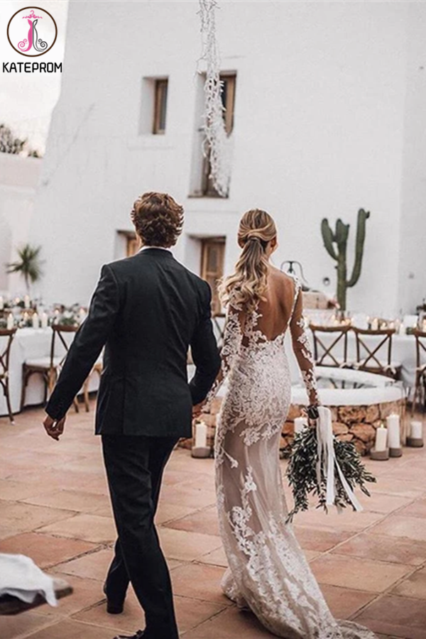 Stunning Lace Appliques See Though Mermaid/Turmpet Wedding Dress Backless Rustic Wedding with Sleeves Gowns