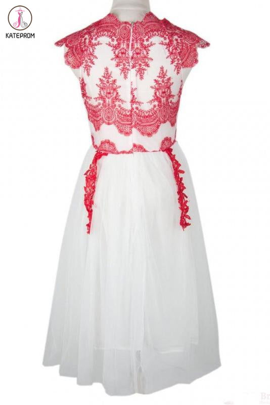 Knee Length Lace Applique Short Tulle Prom Dresses, A Line Ivory Homecoming Party Dresses KPH0453