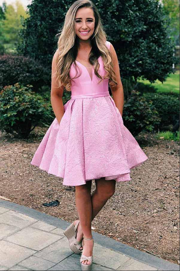 Charming Pink Satin A line V Neck Short Homecoming Dresses With Pockets KPH0626