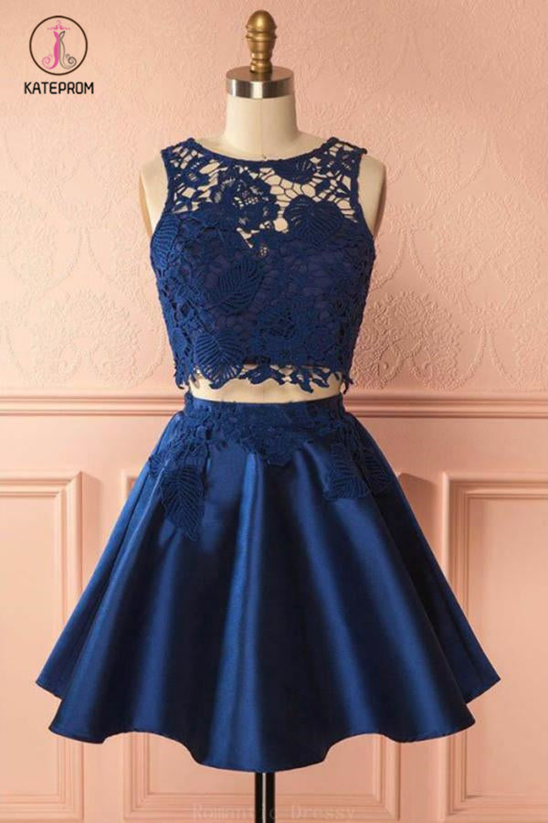 Two Piece Dark Blue Sleeveless Satin Short Homecoming Dress with Lace Appliques KPH0285