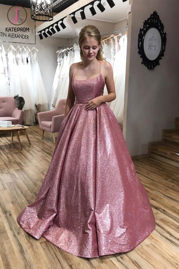 A-Line Scoop Spaghetti Straps Sparkle Prom/Evening Dress With Pockets KPP1124