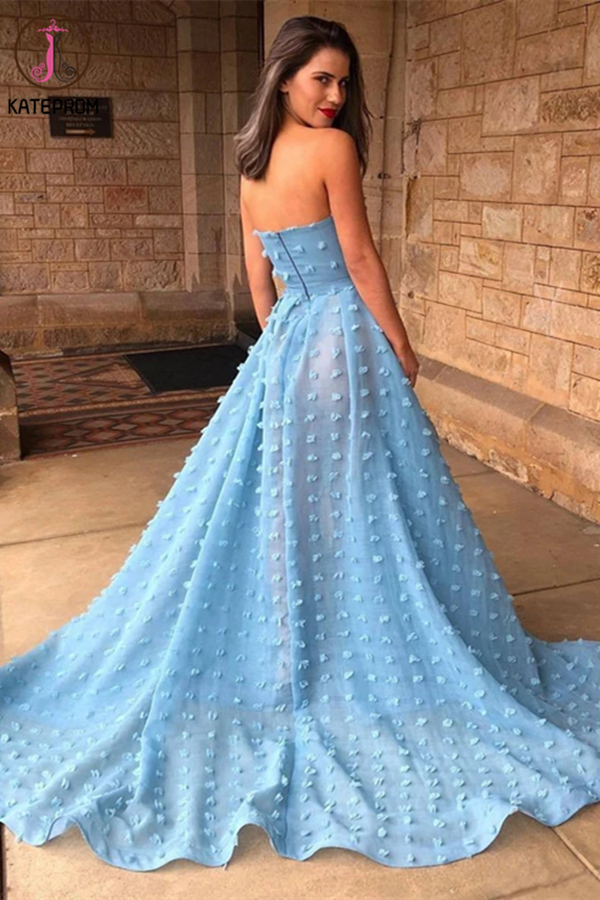 Appliques Sexy A line See Through Strapless Slit Backless Blue Prom Dresses KPP1314