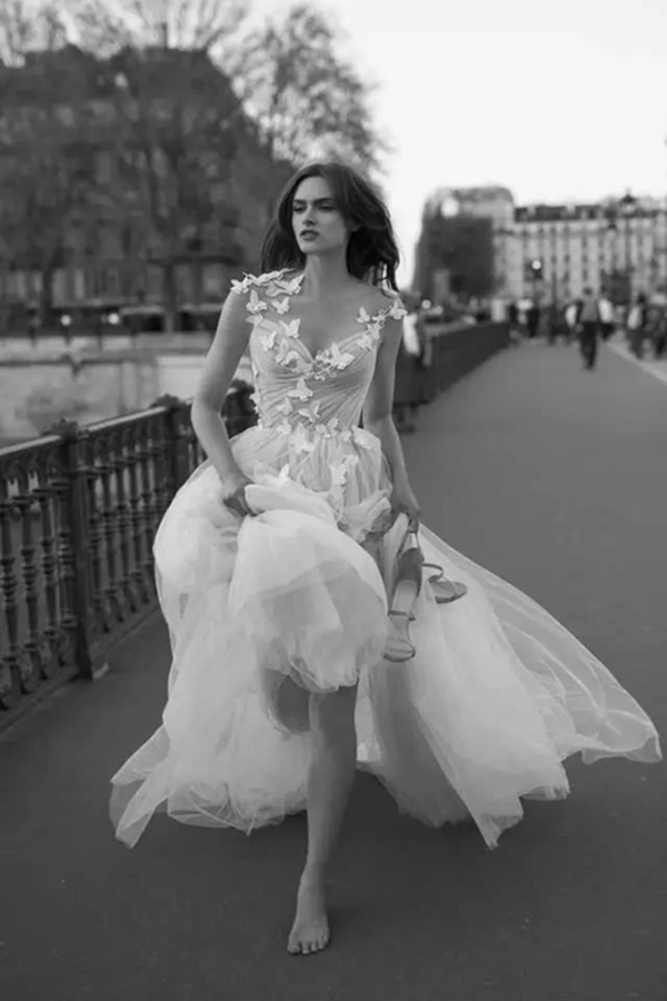 A Line Gray Tulle Open Back Butterfly Sleeveless Long Party Dresses Prom Dresses KPP1379