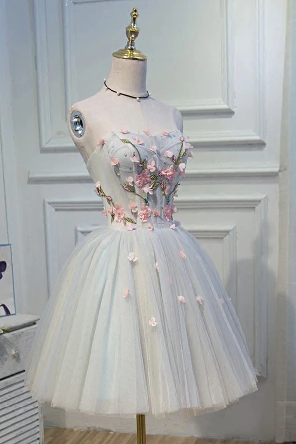 Cute Blue Strapless Tulle Homecoming Dresses with 3D Flowers Lace up Dance Dresses KPH0599