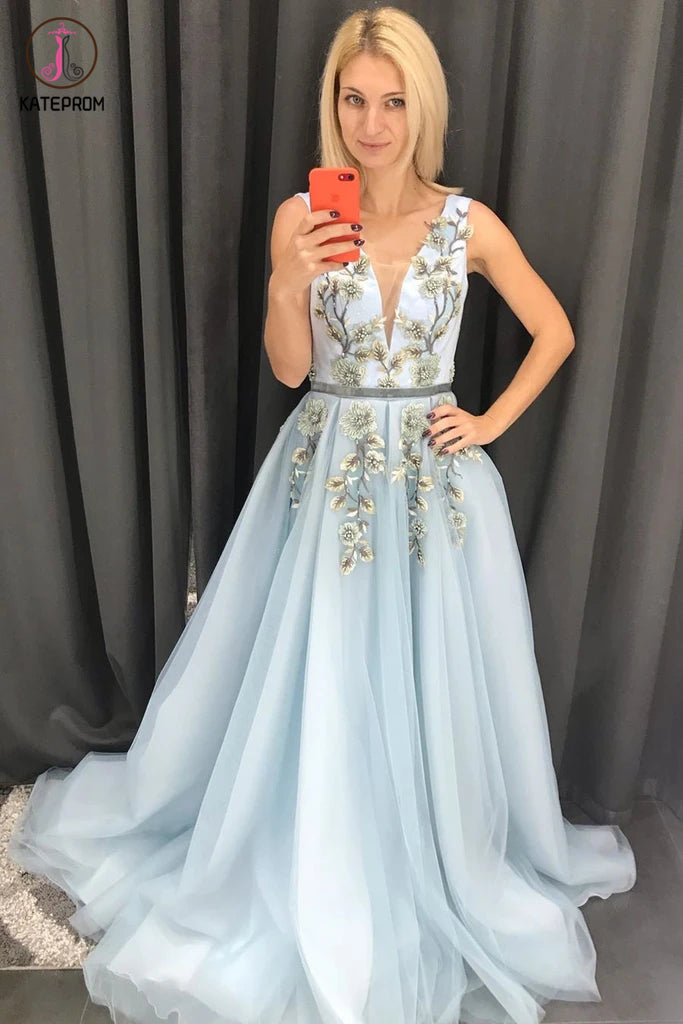 Baby Blue Tulle V Neck Long Prom Dress A Line Sleeveless Appliques Evening Dress KPP1264