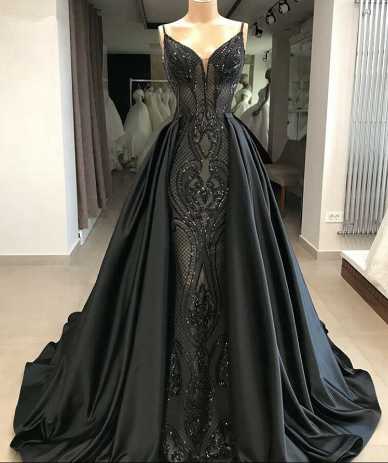 Exclusive Black Spaghetti Straps Satin Lace Long Dress for Sale, Party Dresses KPP1420