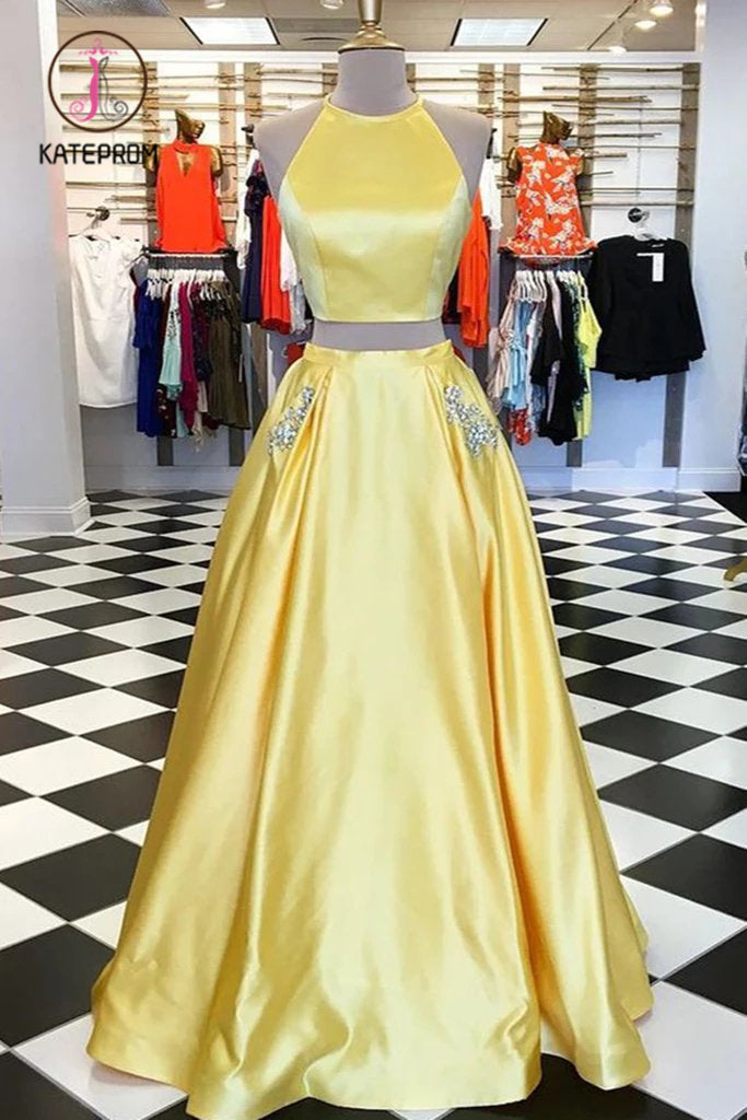 Yellow Satin Two Pieces Long Homecoming Dress with Silver Beading, Prom Dress KPP0983