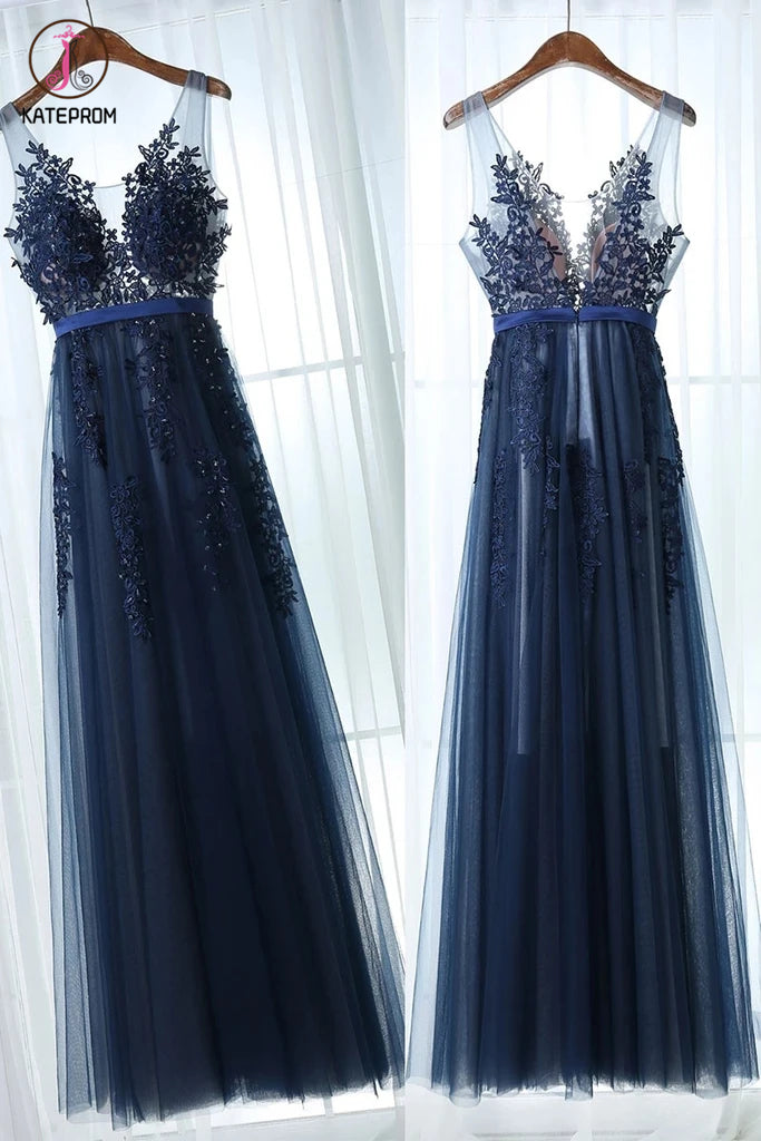 Dark Blue A Line Tulle Prom Dress with V Back, Floor Length Sleeveless Dress with Appliques KPP1306