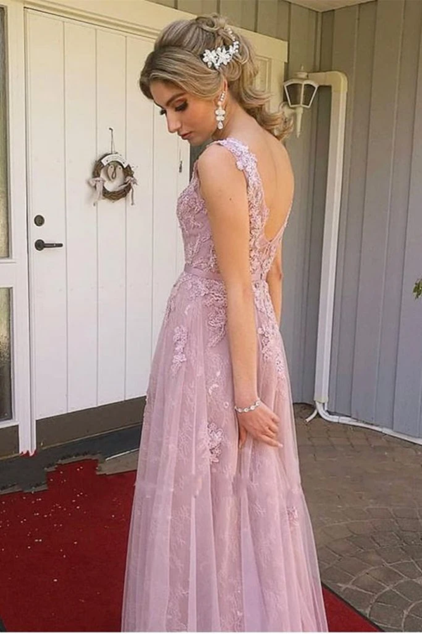 A Line V Neck Open Back Pink Lace Long Prom Evening Dress KPP1476