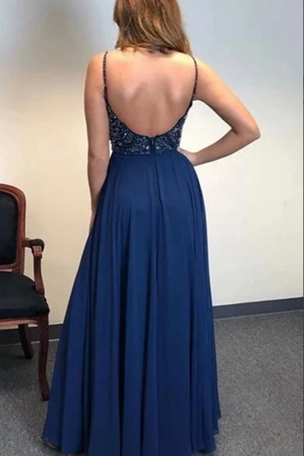 Navy Blue A line Beaded Spaghetti Straps Prom Dresses, Long Formal Dress KPP1550
