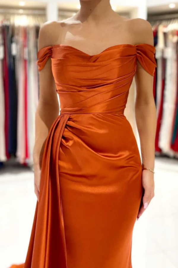 Rust Off the Shoulder Evening Dress Mermaid Satin Prom Dress with Flap KPP1662