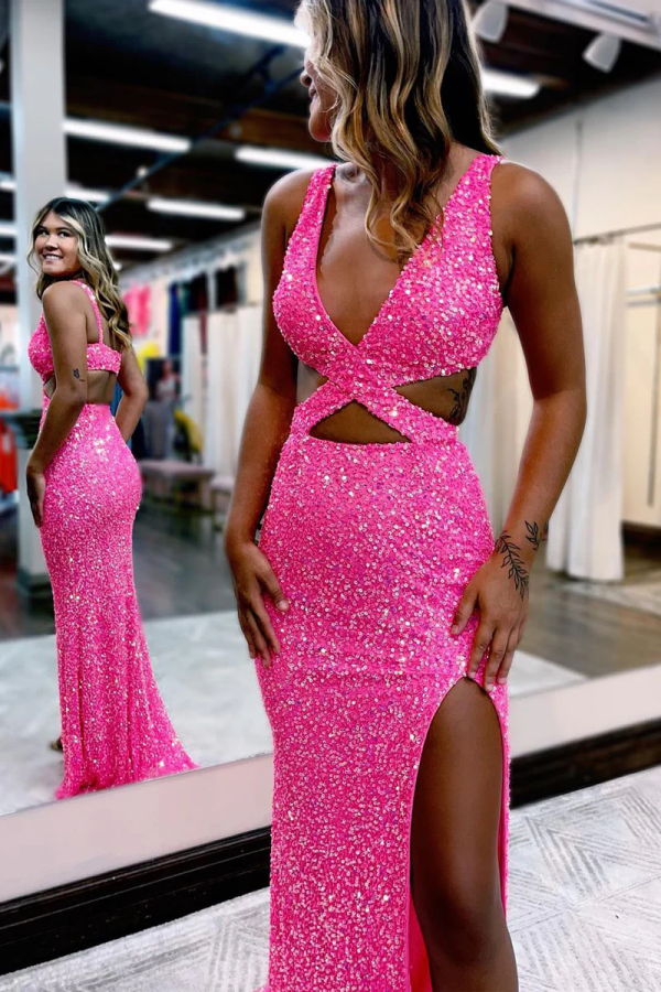 Charming Glitter Mermaid V Neck Hot Pink Sequins Prom Dresses with Slit KPP1770