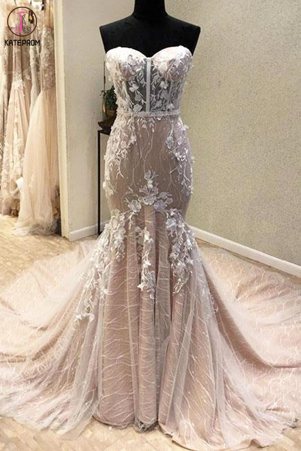 Gorgeous Sweetheart Mermaid Lace Appliqued Wedding Dresses, Strapless Bridal Dress KPW0576