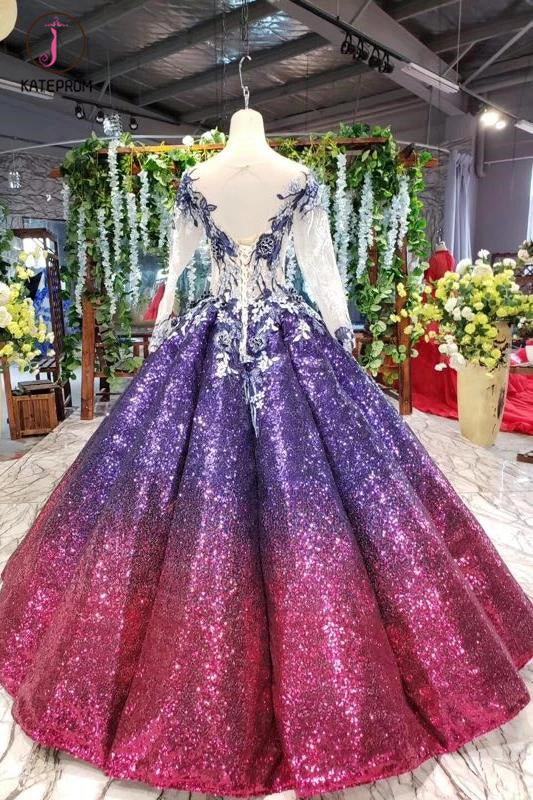 Ball Gown Long Sleeves Sequins Ombre Prom Dress, Puffy Quinceanera Dress KPP1063