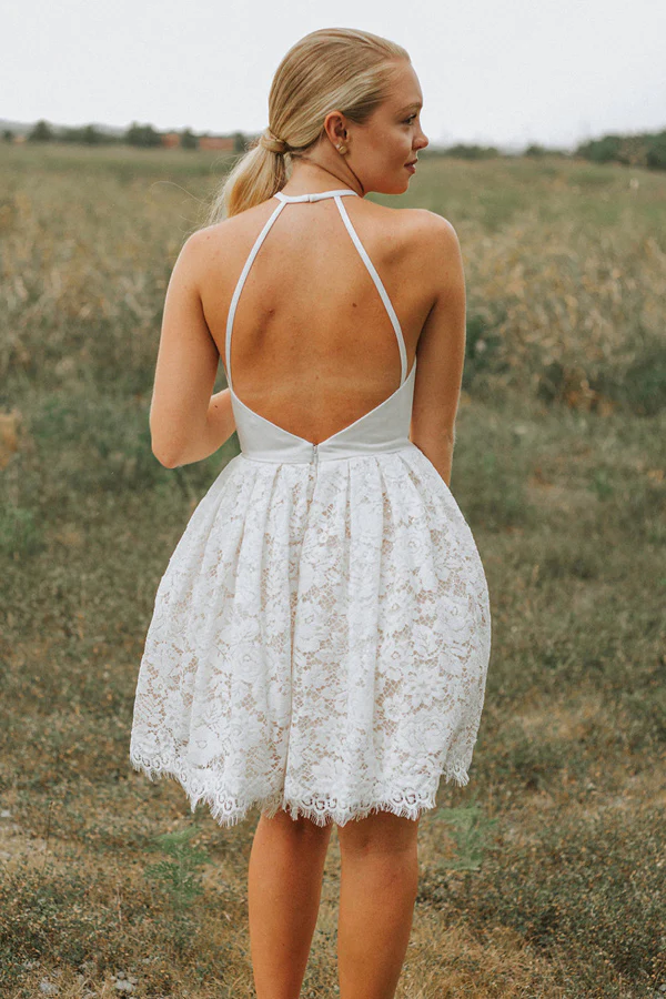 A Line Ivory Lace Halter Neckline Backless Short Homecoming Dress KPH0629