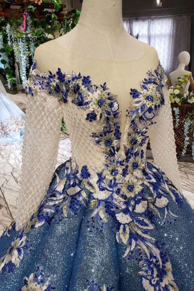 Ball Gown Prom Dresses Sheer Neck Long Sleeves Lace Up Back Sequins Appliques KPP0908
