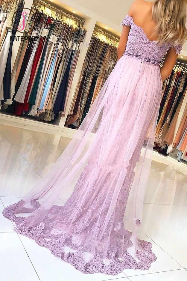 Lilac Off the Shoulder Mermaid Prom Dress with Appliques, Charming Beaded Evening Dress KPP0930