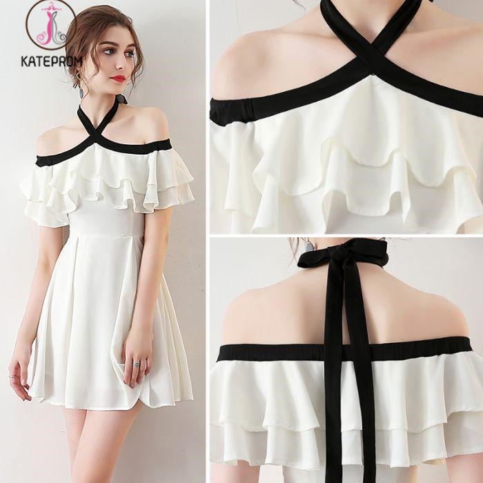 Chic Light Ivory Halter Ruffles Chiffon Short Homecoming Dresses,Short Prom Dresses KPH0277