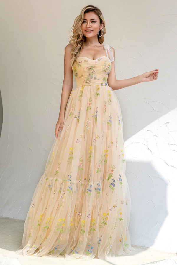 A Line Spaghetti Straps Champagne Prom Dress With Appliques KPP1681