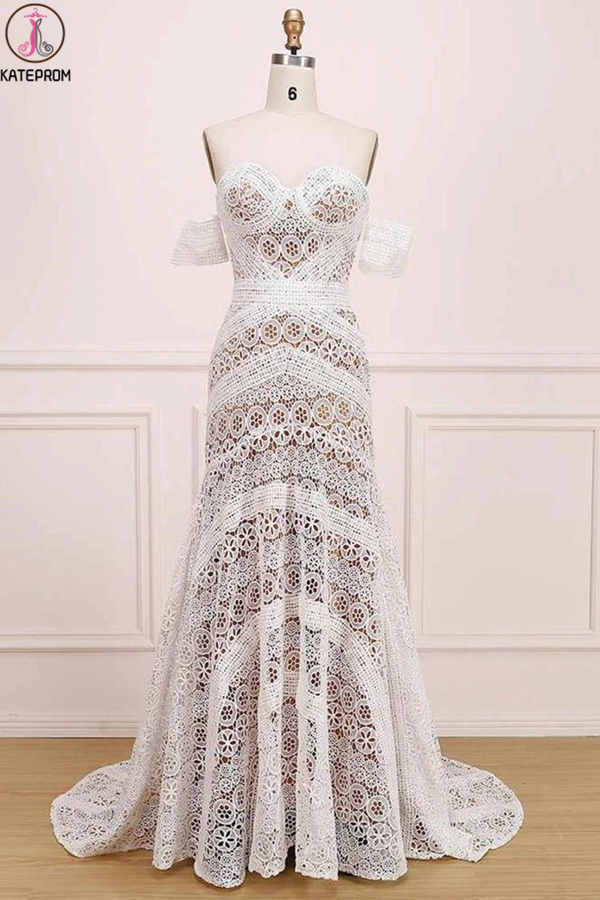 Elegant Sweetheart Lace Strapless Mermaid Ivory Wedding Dresses, Long Bridal Dresses KPW0604