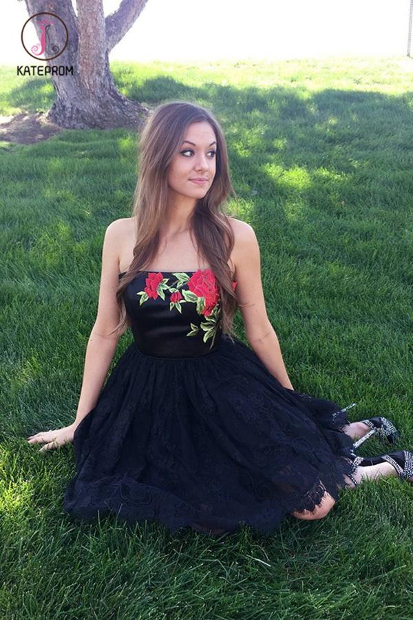 Black Strapless Lace Homecoming Dress with Appliques, Short A Line Prom Dress KPH0369