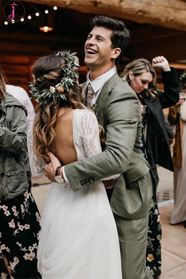 Scoop Long Sleeve Lace Wedding Dresses Vintage Romantic Wedding Gowns Bridal Gown KPW0620