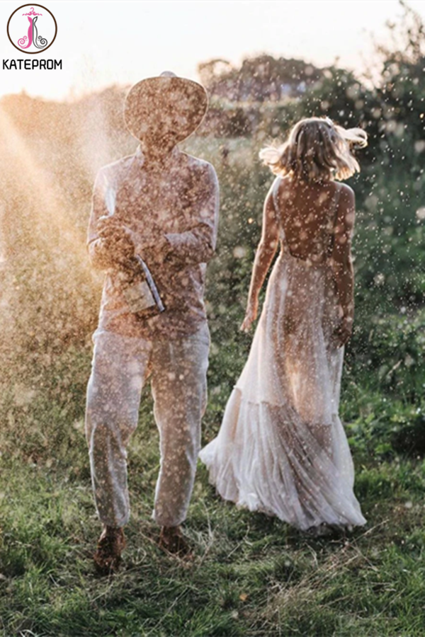 Attractive V neck Appliques A Line Rustic Backless Wedding Dress KPW0628