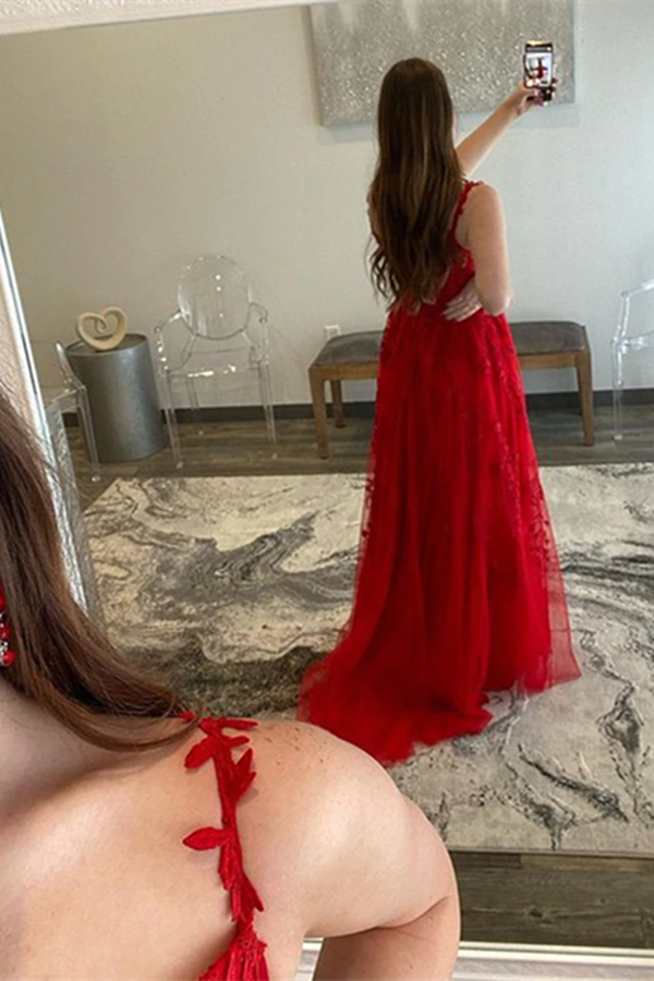 A Line V Neck Red Lace Long Prom Dresses, Red Lace Long Formal Graduation Dresses KPP1607