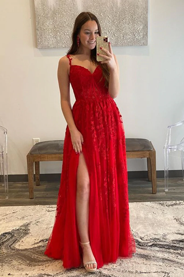 A Line V Neck Red Lace Long Prom Dresses, Red Lace Long Formal Graduation Dresses KPP1607