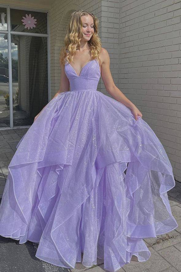 Shiny V Neck Fluffy Lavender Long Prom Dress, Spaghetti Straps Long Formal Evening Dress KPP1457