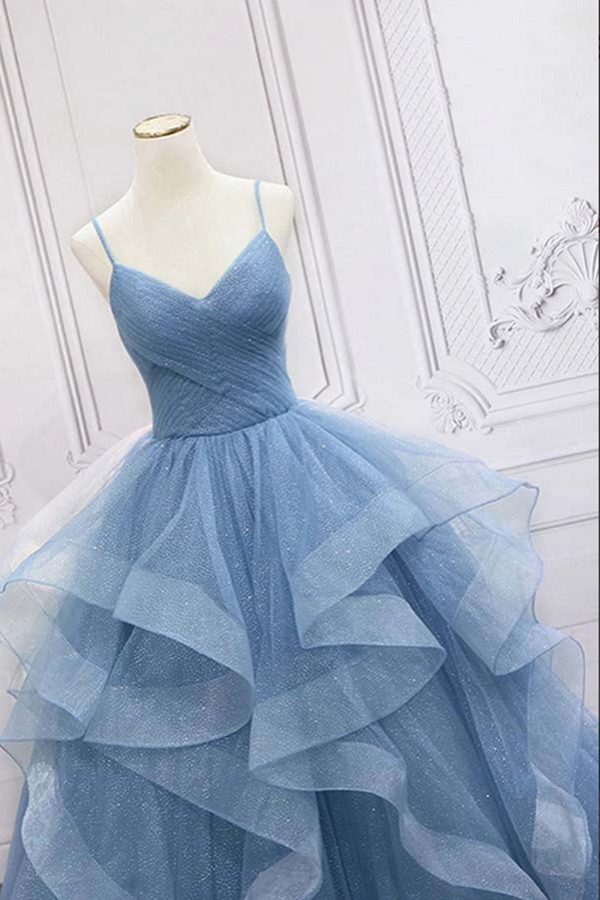 Shiny Blue Tulle A line Spaghetti Straps Long Prom Dresses, Evening Gown KPP1602