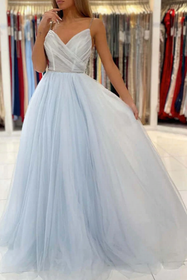 Light Blue Tulle A line V neck Backless Long Prom Dresses, Evening Gown KPP1543