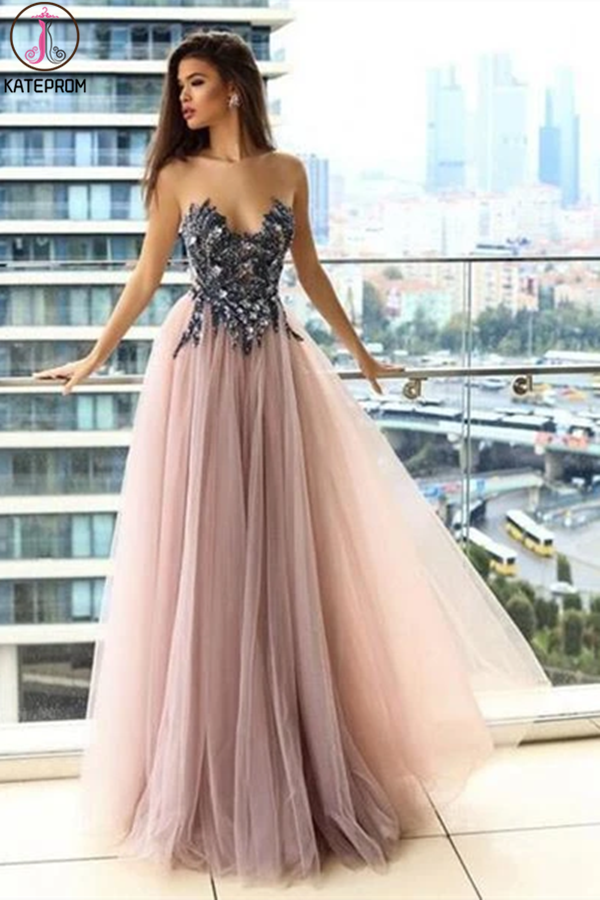 A line Long Tulle Fancy Strapless Unique Prom Dress for Sale KPP1315