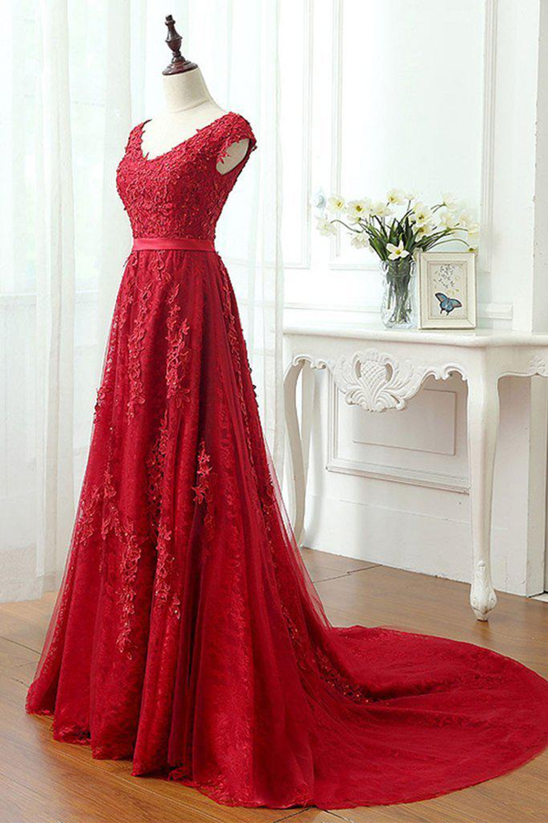 Septing - septing A Line Red V Neck Long Lace Prom Dresses with Cap Sleeves KPP1454