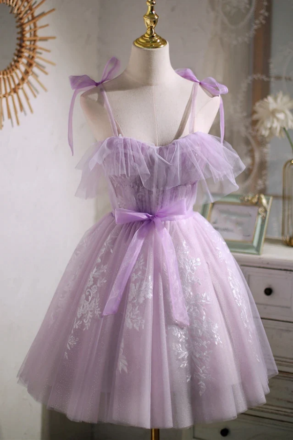 Sweet Purple A line Short Prom Dress Homecoming Dress with Ribbon KPH0643