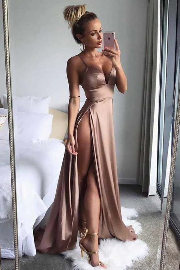 Brown Satin Thigh High Slit Deep V Neck Spaghetti Straps Long A Line Prom Dresses KPP1472