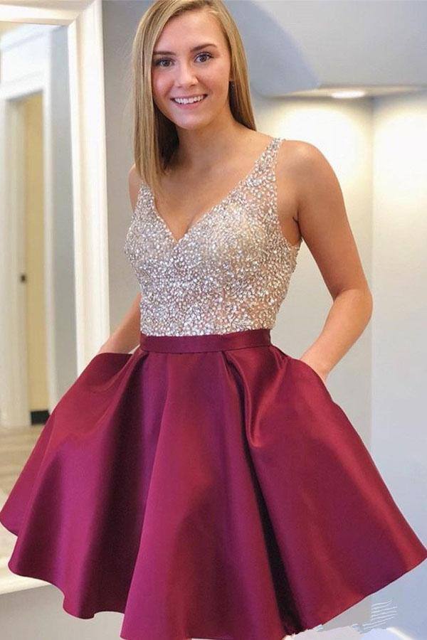 Burgundy See Through Beaded Homecoming Dresses with Pockets KPH0641