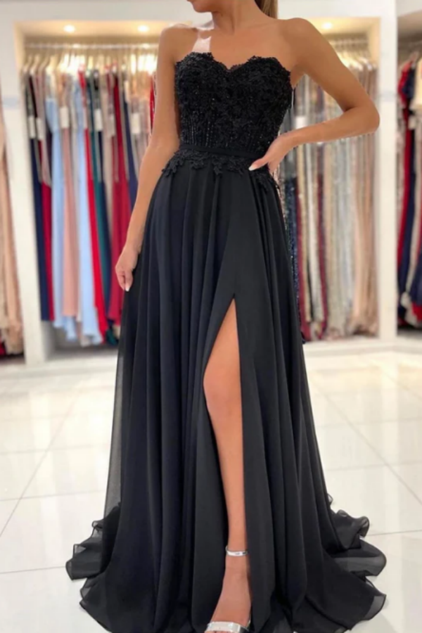Strapless Sweetheart Neck Prom Gown with High Slit Black Prom Dress KPP1664