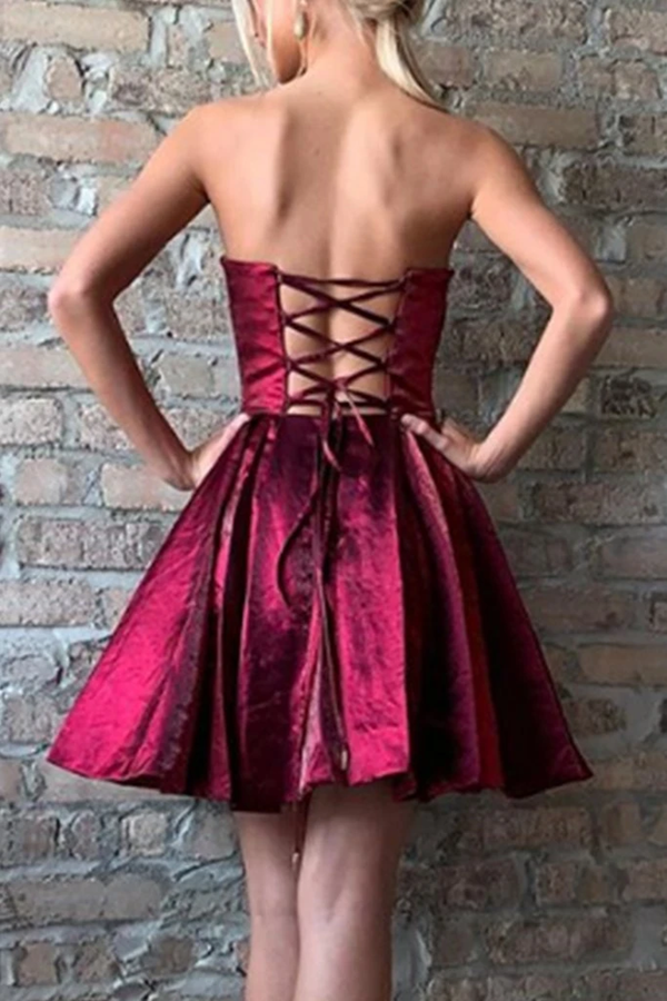 Strapless Burgundy Satin Short Homecoming Dresses, Party Dresses KPH0574