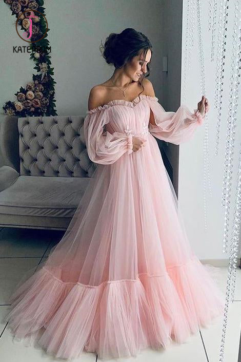 Light Pink Long Sleeves Prom Dresses, Boho Off the Shoulder Beach Wedding Dresses KPP0943