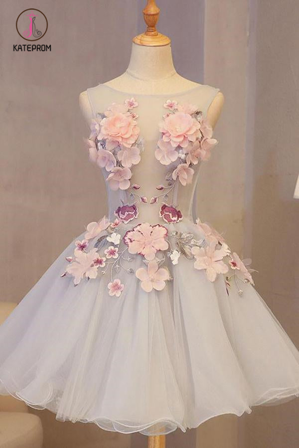 Silver Gray Sleeveless Appliqued Short Homecoming Dress with Flowers, Mini Prom Dress KPH0336